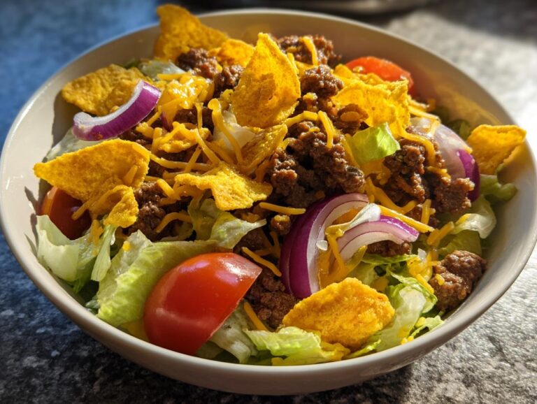 A close-up of a bowl of Dorito Taco Salad, featuring lettuce, seasoned ground beef, shredded cheese, tomatoes, red onion, and crushed Doritos.