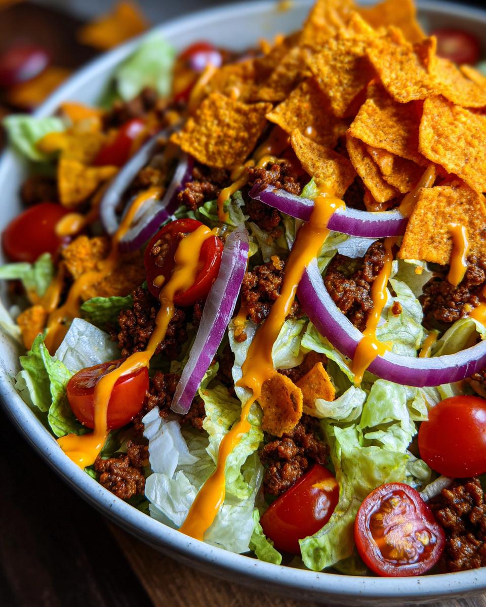 A close-up of a vibrant Dorito Taco Salad, featuring crisp lettuce, seasoned ground beef, cherry tomatoes, red onion, and crushed Doritos, drizzled with dressing.