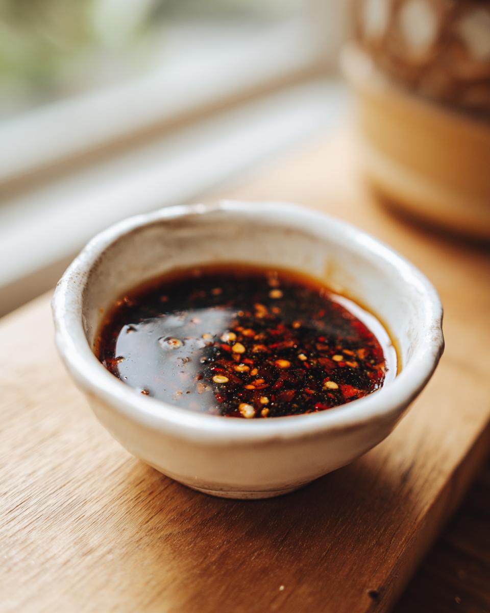 A close-up of a small white bowl filled with a rich, dark dumpling sauce with visible chili flakes.