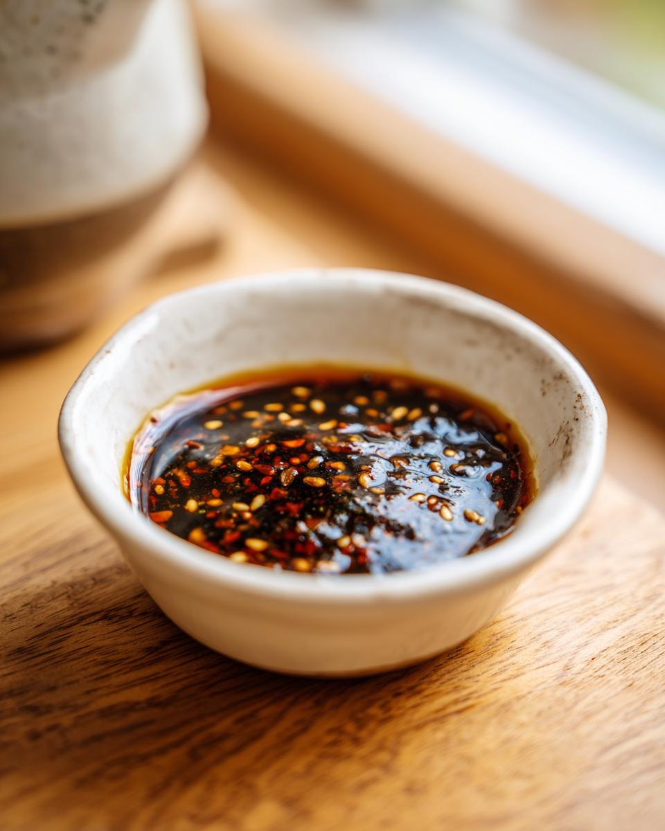 A close-up of a small white bowl filled with a rich, dark Dumpling Sauce, topped with sesame seeds and chili flakes.