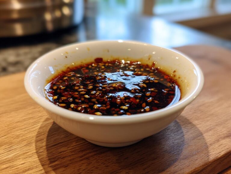 A close-up of a white bowl filled with a rich, dark Dumpling Sauce, featuring sesame seeds and chili flakes.