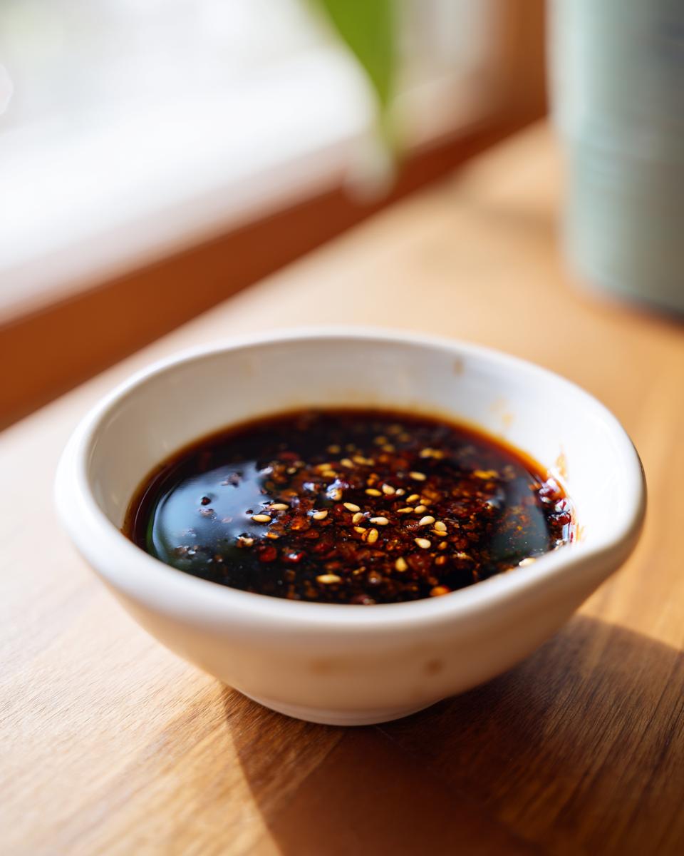 A close-up of a white bowl filled with a rich, dark dumpling sauce topped with sesame seeds and chili flakes.