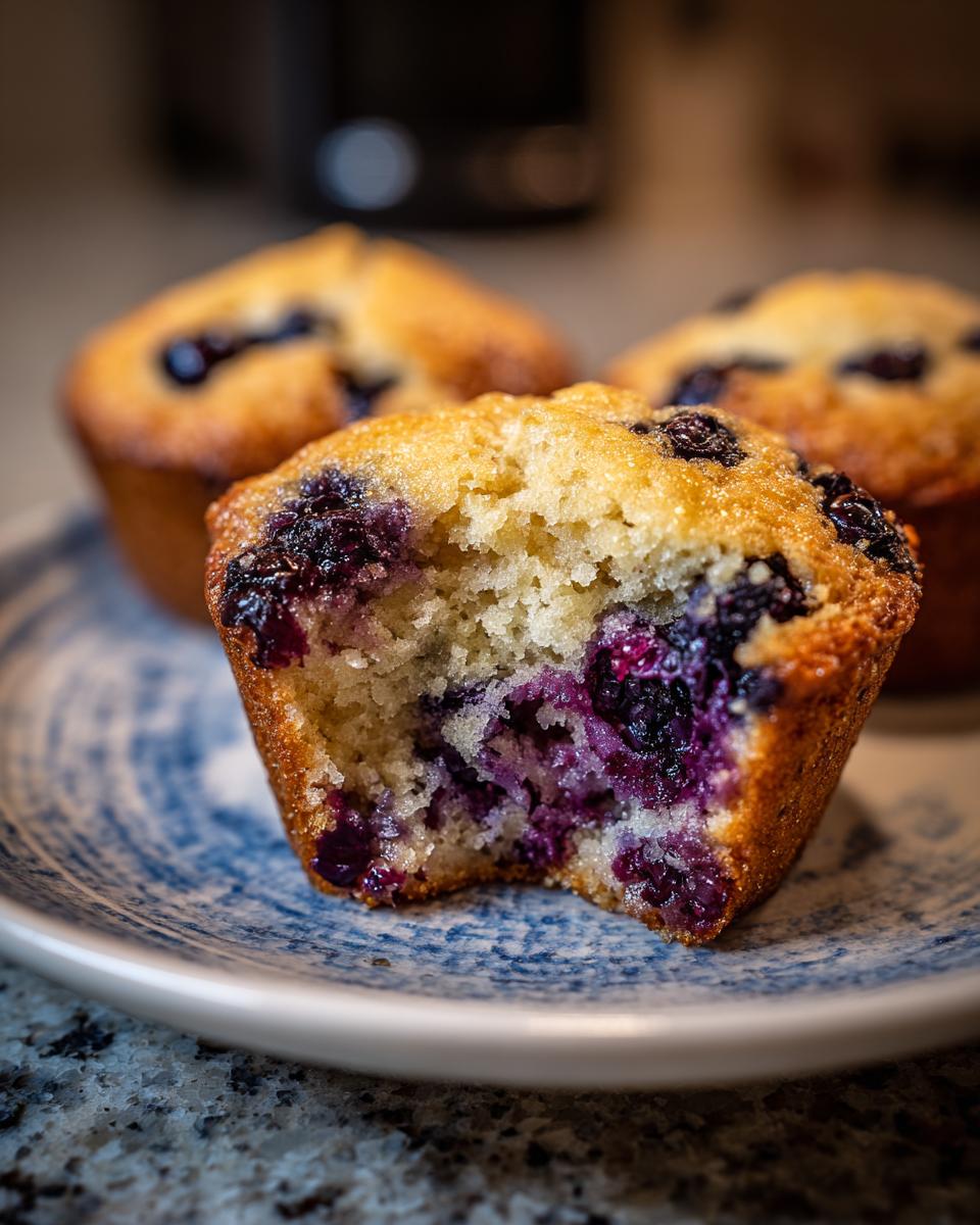 Close-up of an Easy Blueberry Muffin with a bite taken out, revealing fluffy interior and juicy blueberries.