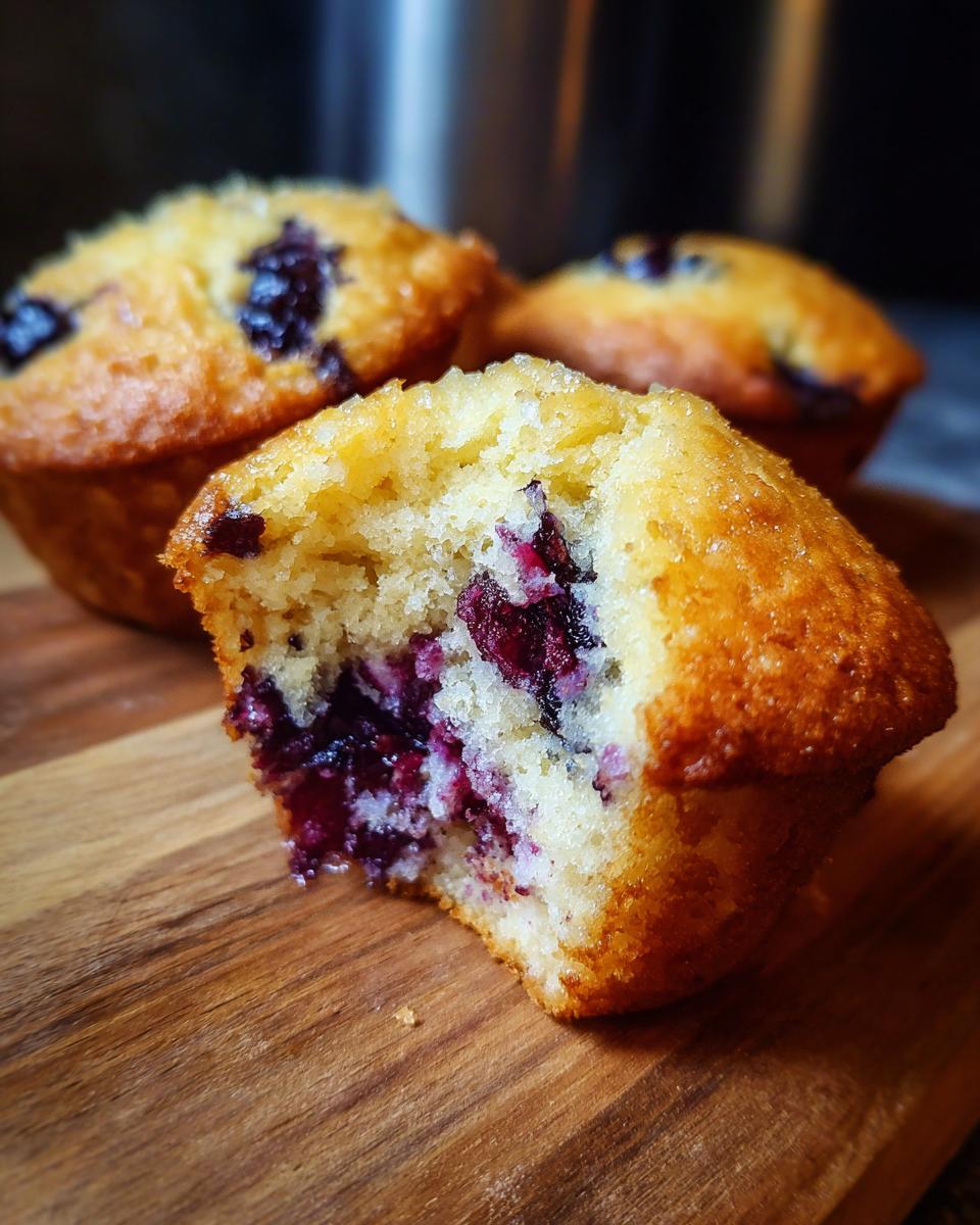 Close-up of a fluffy easy blueberry muffin with a bite taken out, revealing juicy blueberries inside.