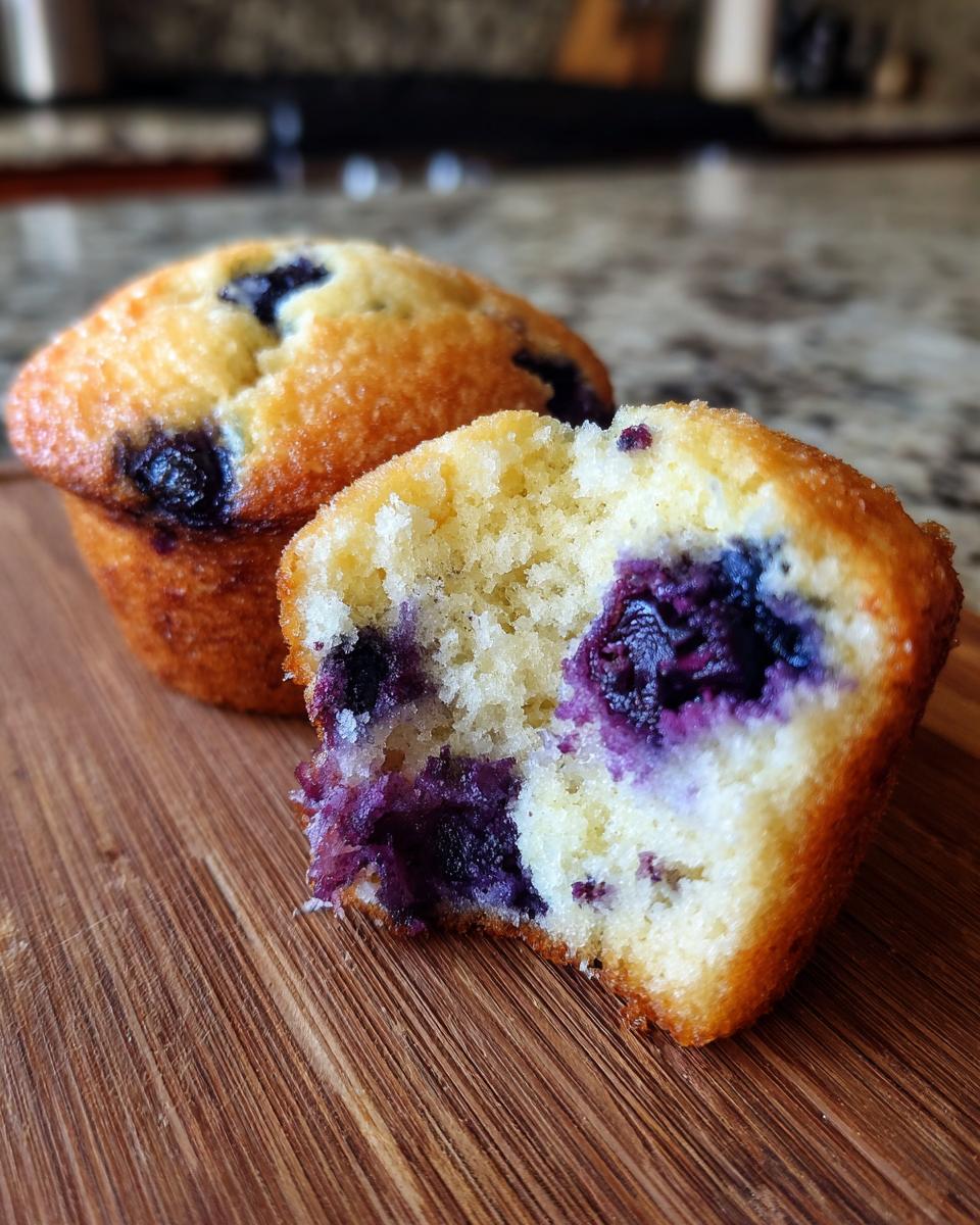 Close-up of two easy blueberry muffins on a wooden board, one split open to reveal a fluffy interior packed with blueberries.