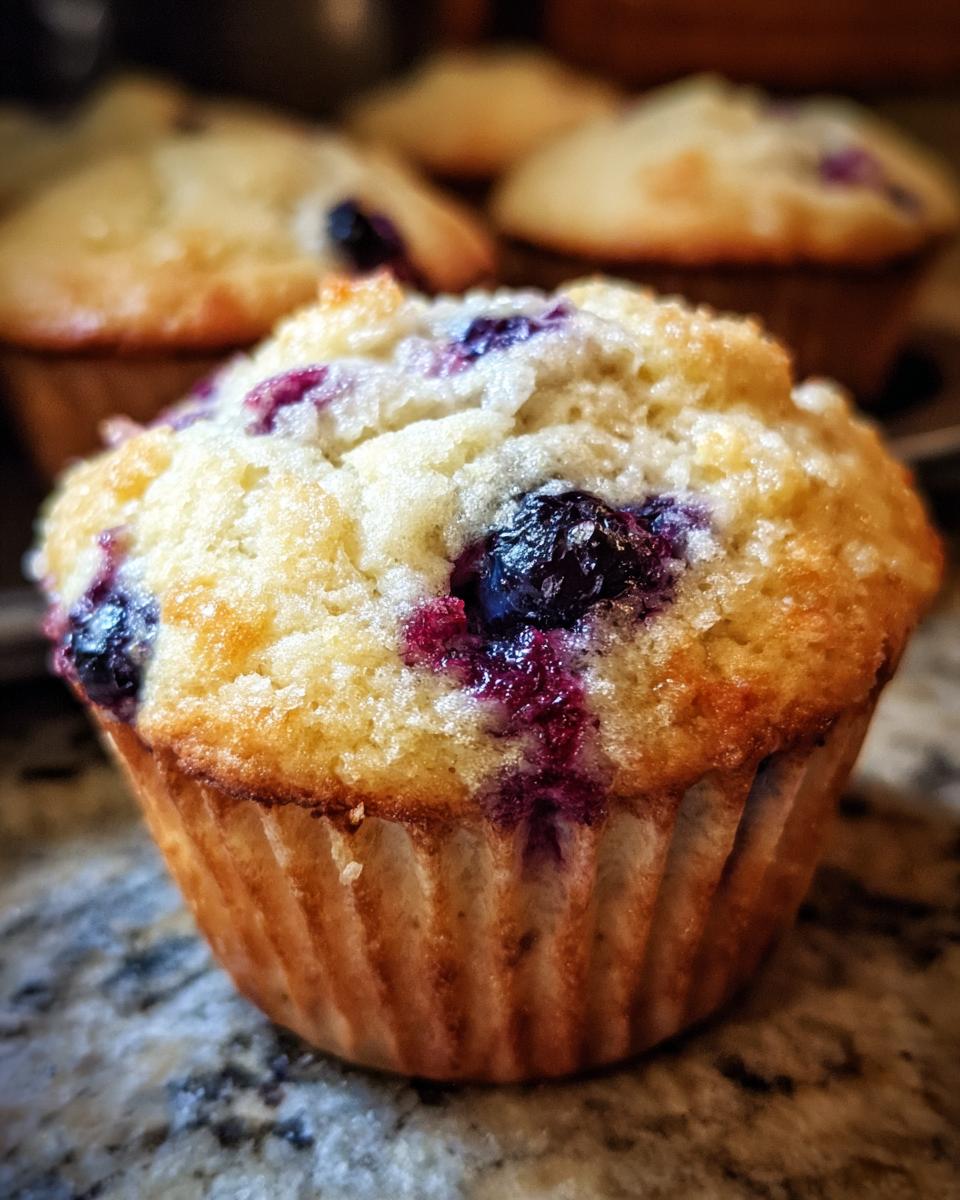Close-up of a tall, fluffy easy blueberry muffin bursting with fresh blueberries.