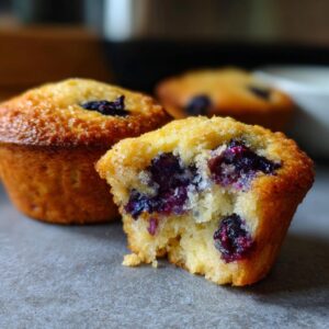 Close-up of an easy blueberry muffin, split open to reveal a fluffy interior packed with juicy blueberries.