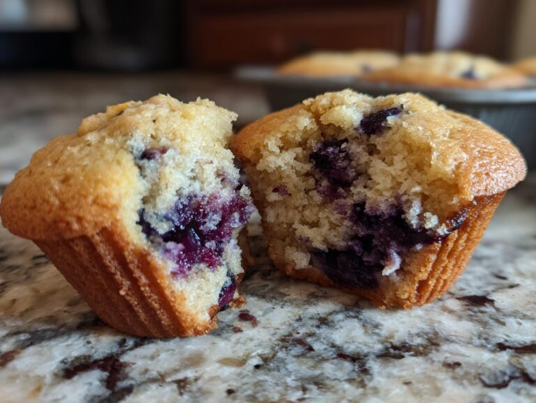 A close-up of an easy blueberry muffin, split in half to reveal a fluffy interior packed with blueberries.
