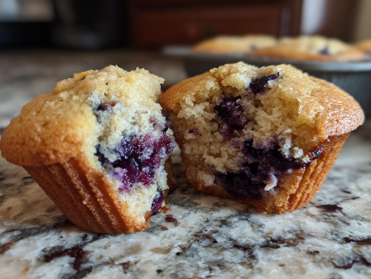 A close-up of an easy blueberry muffin, split in half to reveal a fluffy interior packed with blueberries.