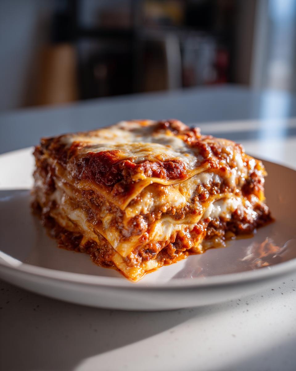 A delicious slice of easy lasagna with ricotta, featuring layers of pasta, meat sauce, and melted cheese.