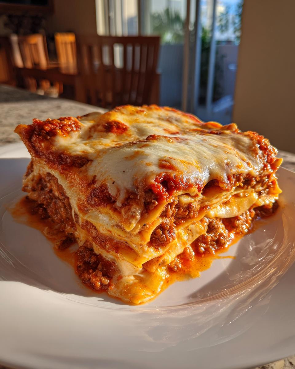 A generous slice of easy lasagna with ricotta, showing layers of pasta, meat sauce, and melted cheese.