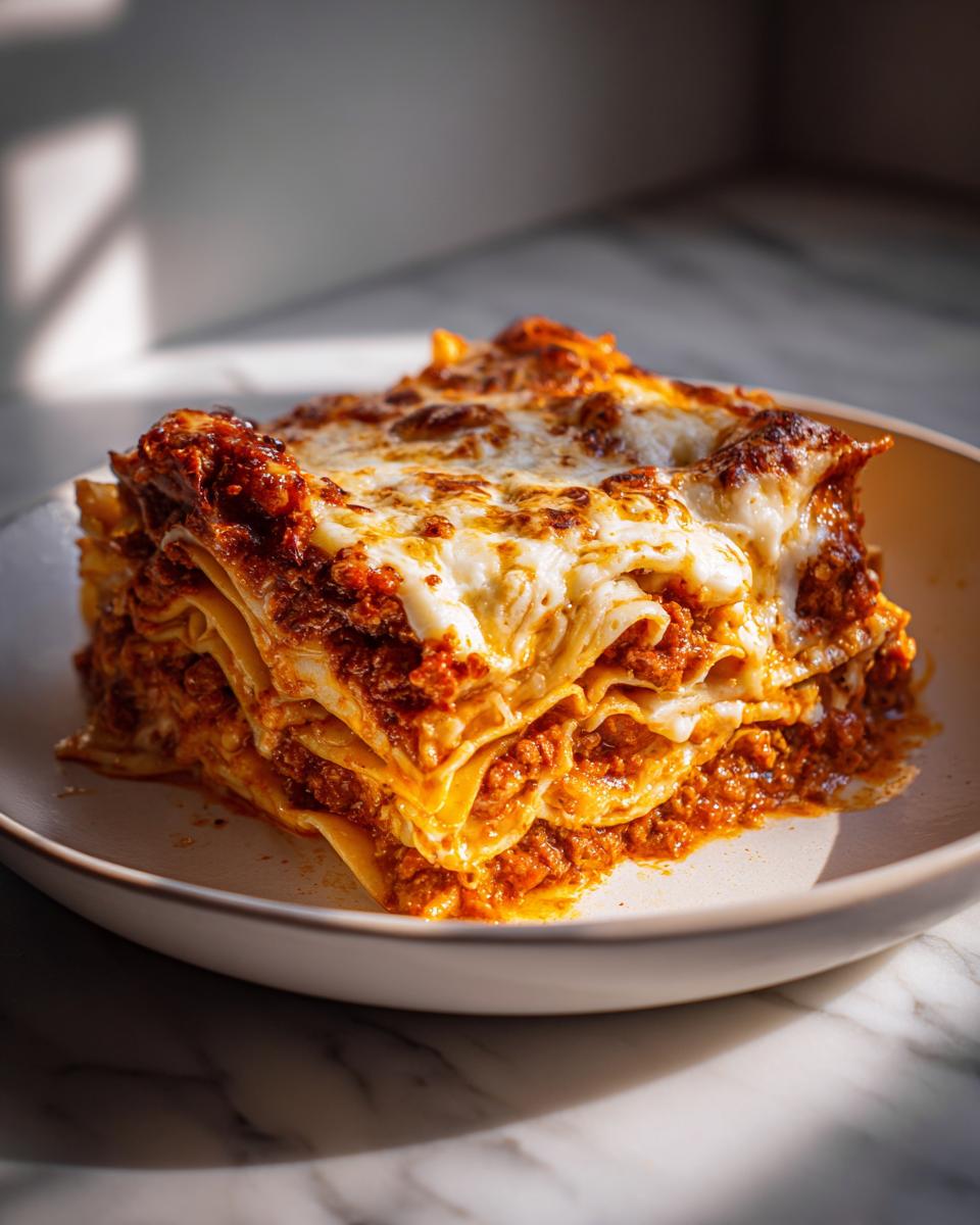 A delicious slice of easy lasagna with ricotta, featuring layers of pasta, meat sauce, and melted cheese.
