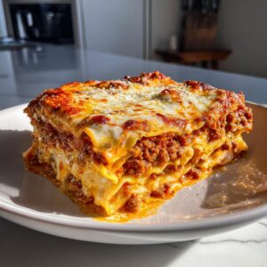 A generous slice of easy lasagna with ricotta, featuring layers of pasta, rich meat sauce, and melted cheese.