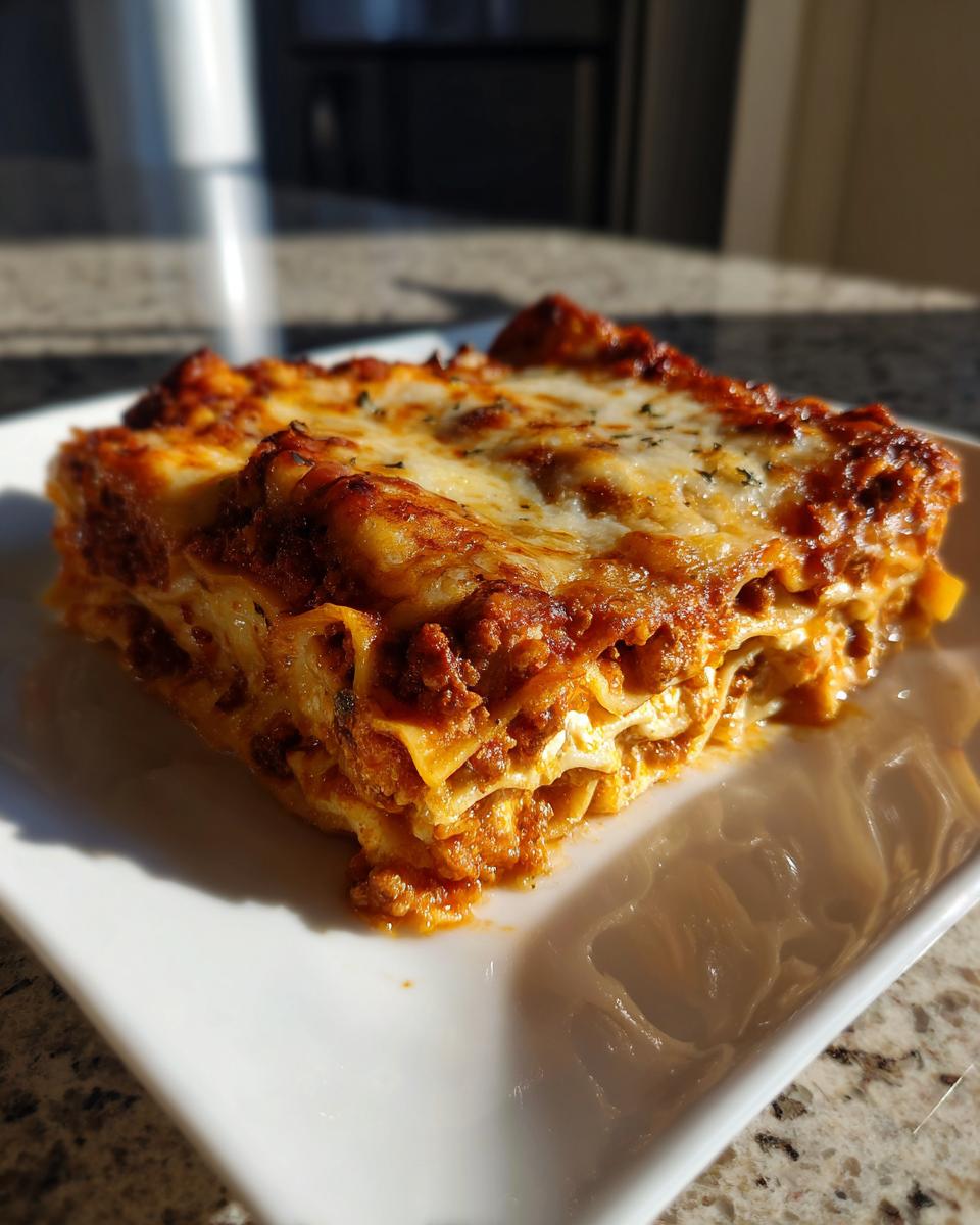 A mouthwatering slice of easy lasagna with ricotta, featuring layers of pasta, meat sauce, and melted cheese.