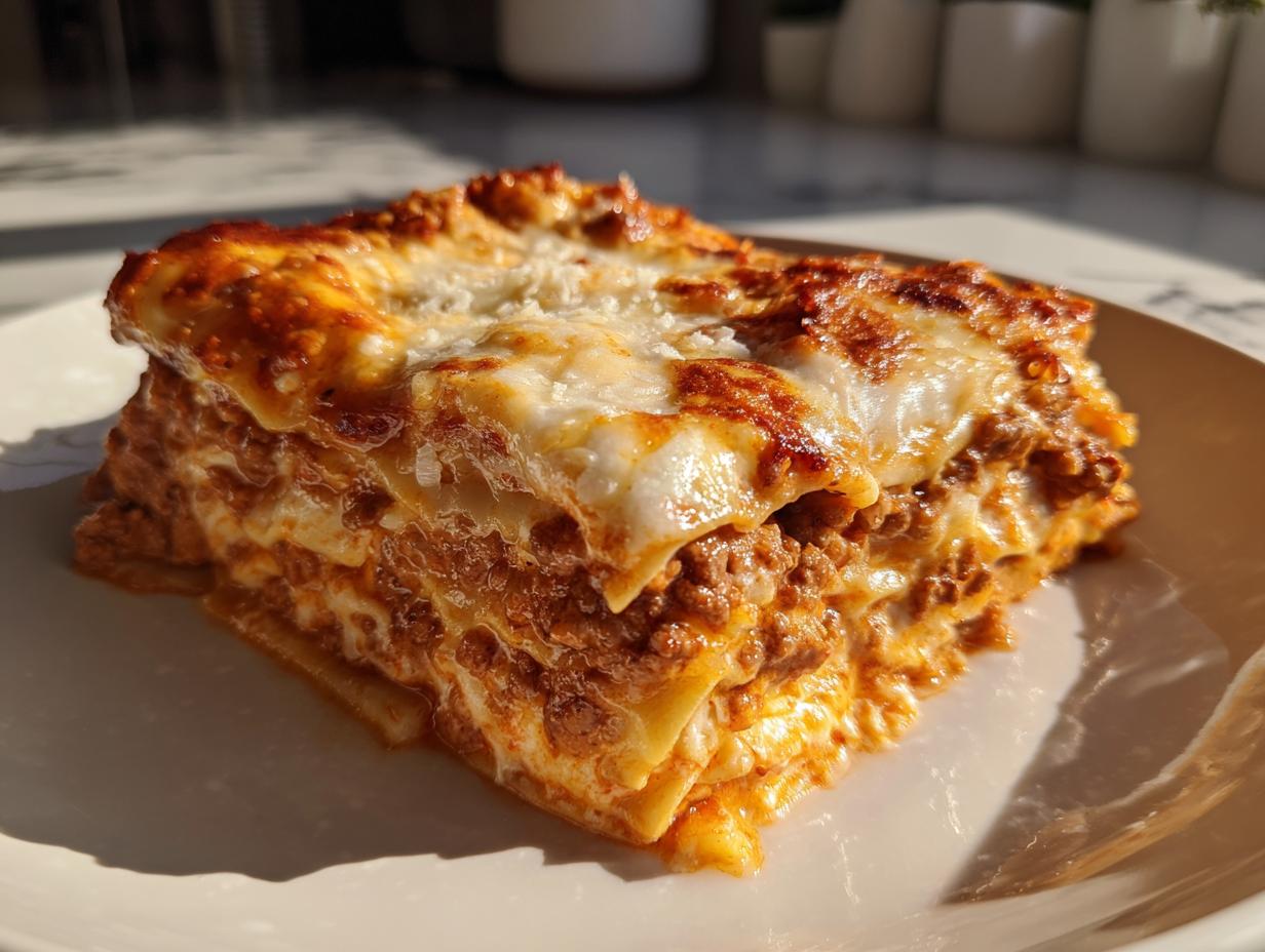 A delicious slice of easy lasagna with ricotta, featuring layers of pasta, meat sauce, and melted cheese.