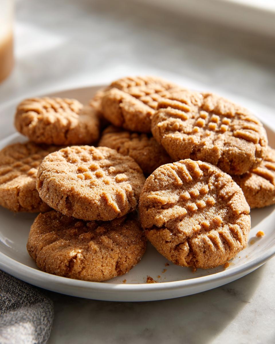 A close-up of a pile of delicious, golden-brown Easy Peanut Butter Cookies with classic criss-cross fork marks.