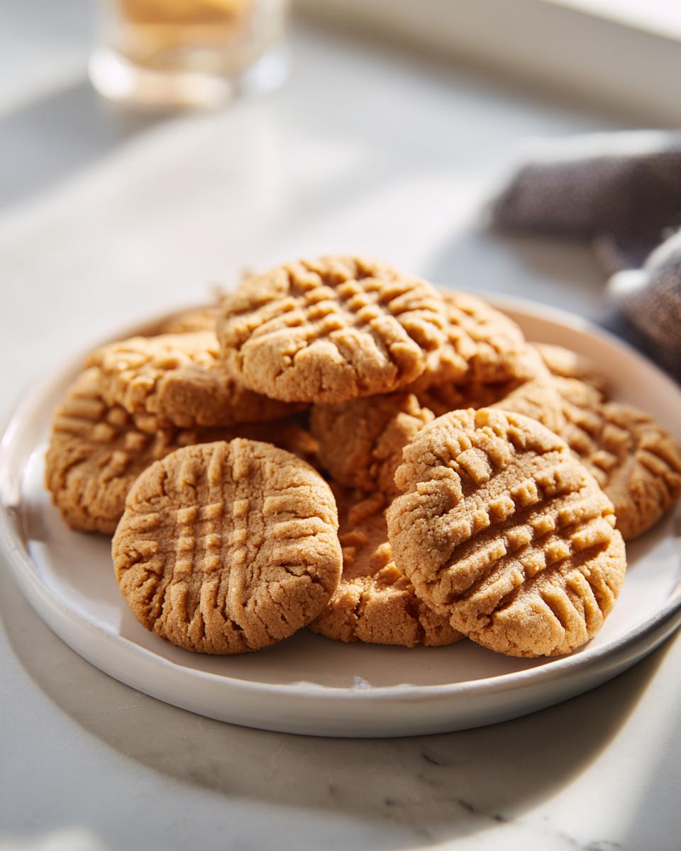 A close-up of a pile of Easy Peanut Butter Cookies with classic criss-cross fork marks on a white plate.