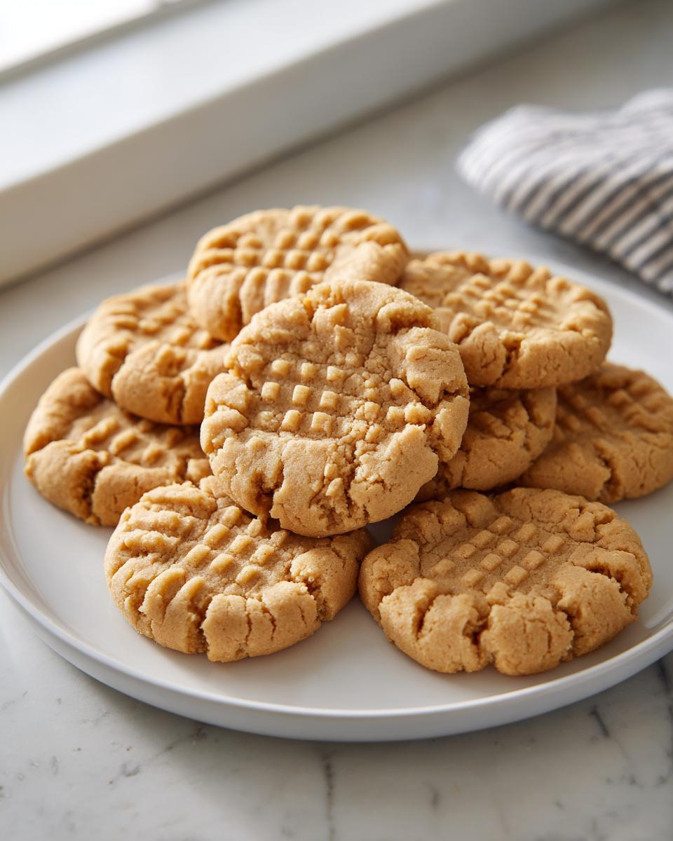 A pile of freshly baked Easy Peanut Butter Cookies with classic fork marks on a white plate.