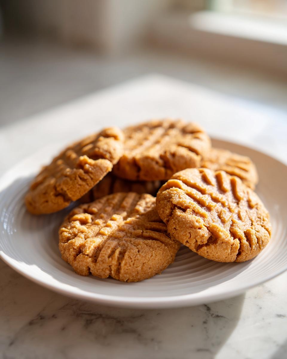 A close-up of several Easy Peanut Butter Cookies with classic fork marks, arranged on a white plate.
