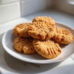 A stack of golden brown easy peanut butter cookies with classic fork marks on a white plate.