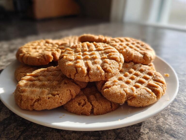 A close-up of a stack of golden-brown, 3-ingredient easy peanut butter cookies on a white plate.