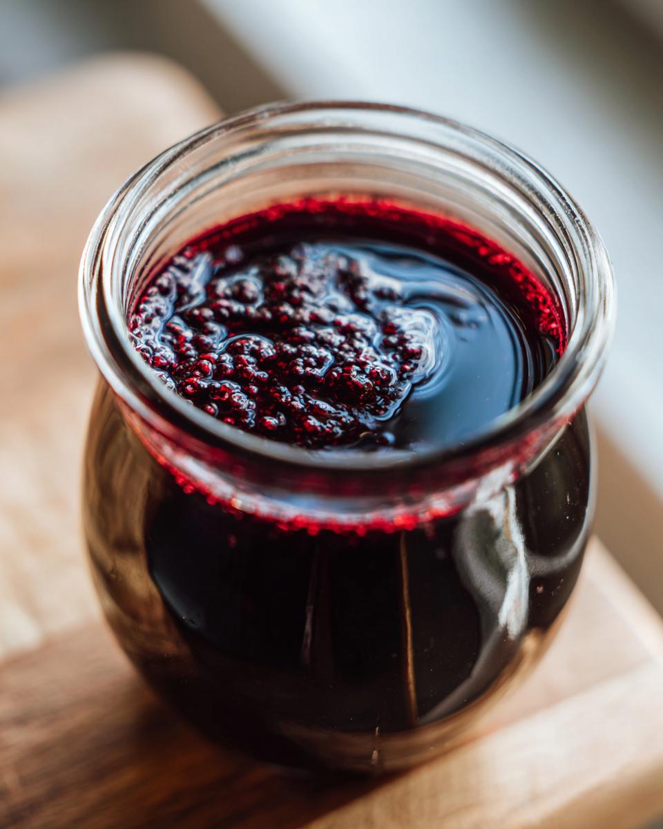 Close-up of a glass jar filled with rich, dark Elderberry Syrup, showing the textured elderberries at the top.