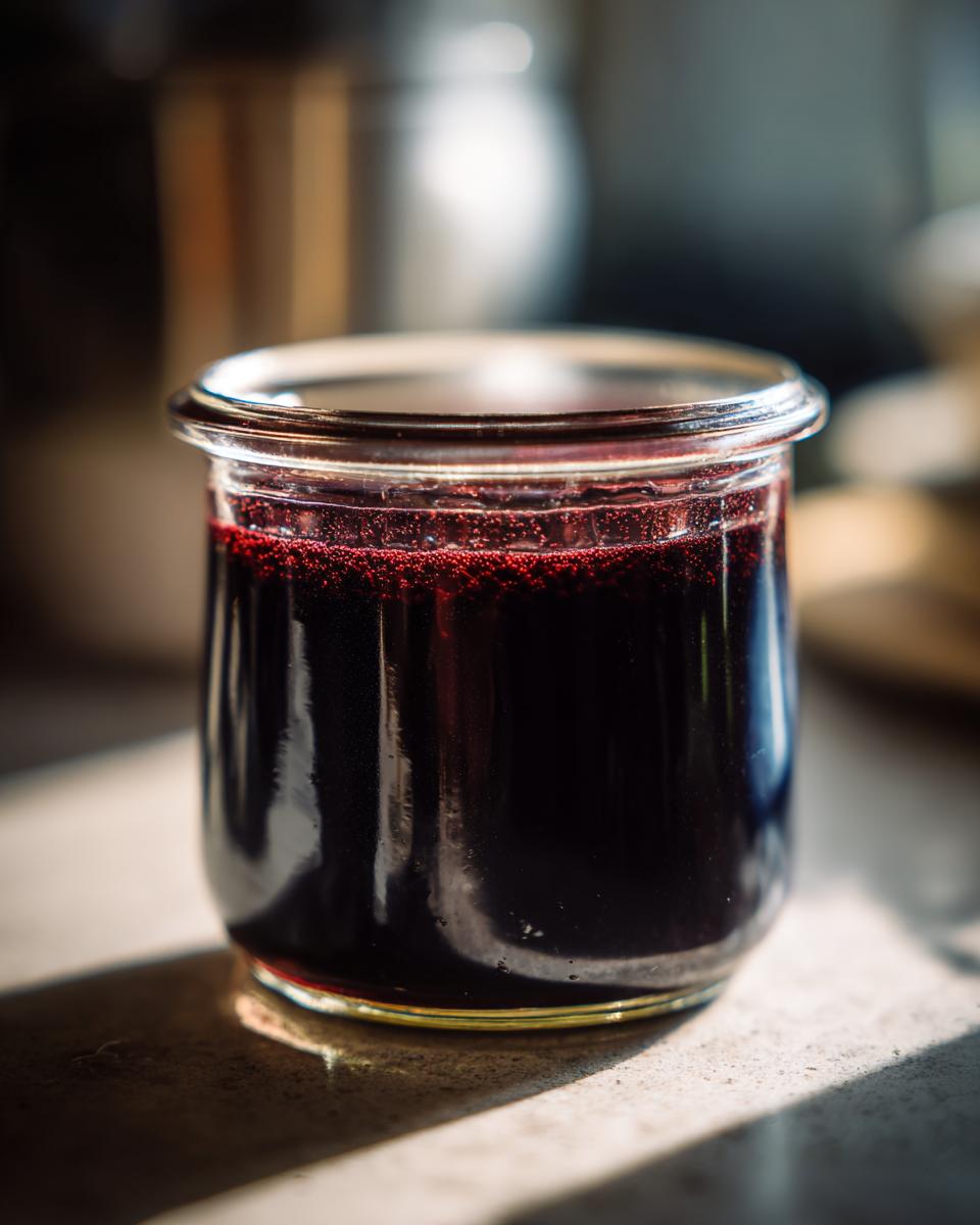 Close-up of a glass jar filled with dark purple Elderberry Syrup, with a frothy layer on top.