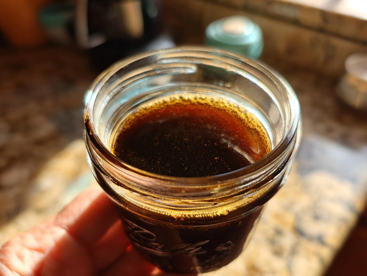 Close-up of a hand holding a small glass jar filled with dark, rich elderberry syrup.