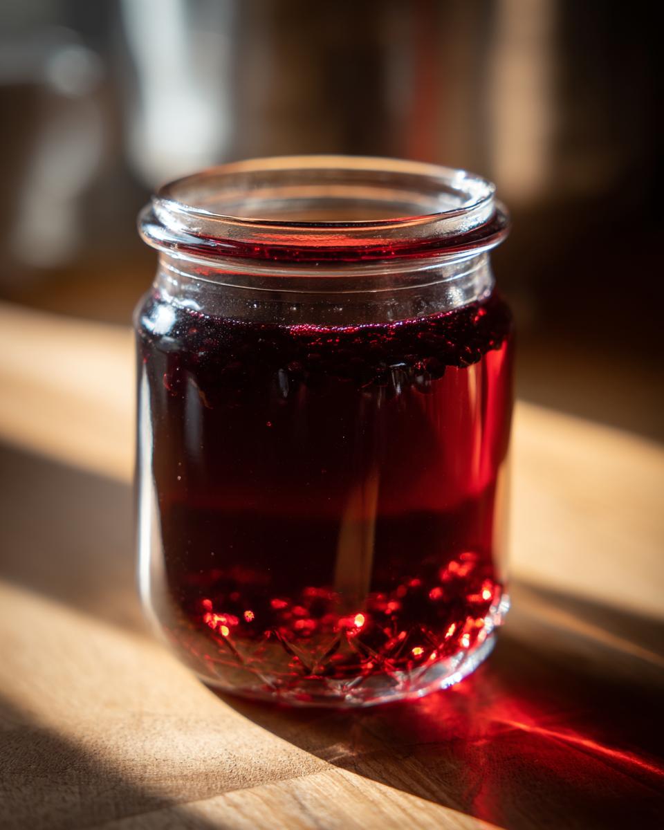 A clear glass jar filled with dark red elderberry syrup, with elderberries visible at the bottom.