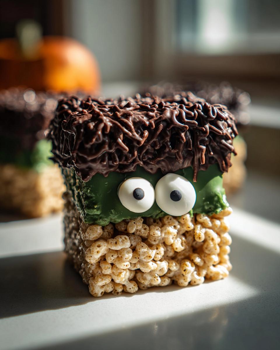 Close-up of a Frankenstein Rice Krispie Treat decorated with green frosting, candy eyes, and chocolate sprinkles for hair.