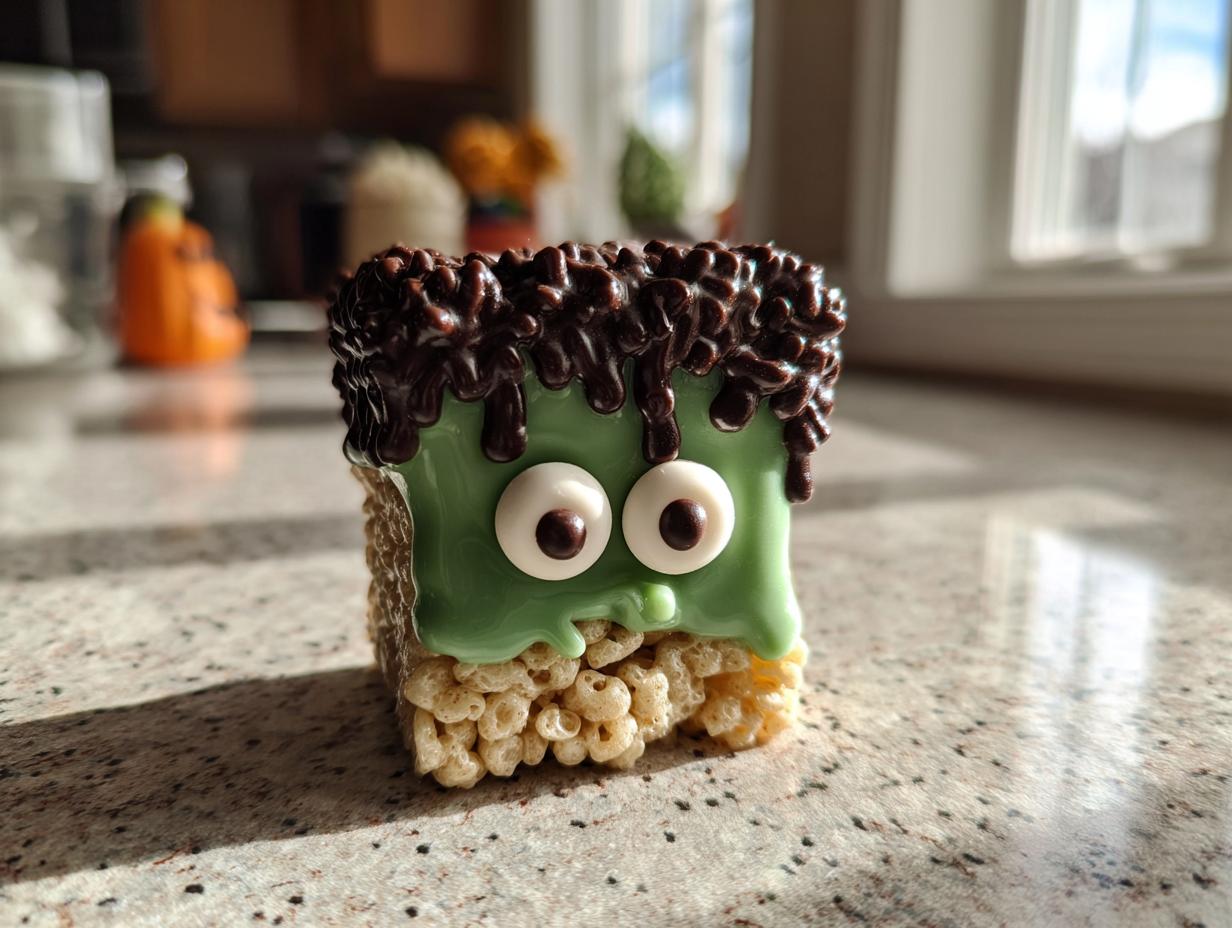 A single Frankenstein Rice Krispie Treat decorated with green icing, candy eyes, and chocolate sprinkles for hair.