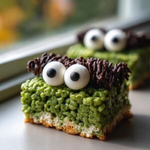 Close-up of a green Frankenstein Rice Krispie Treat decorated with candy eyes and chocolate sprinkles.