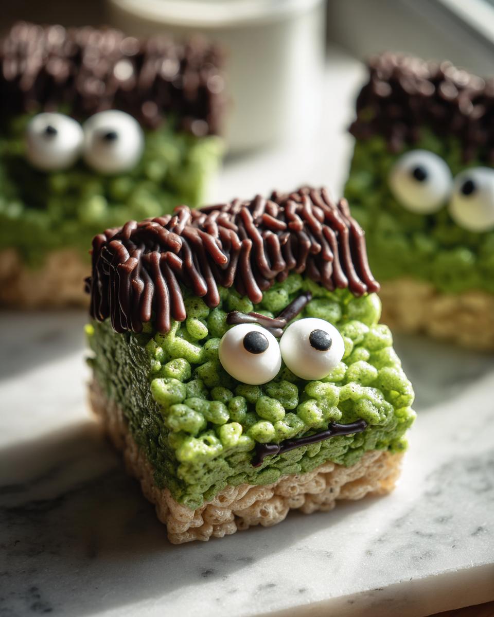 Close-up of a Frankenstein Rice Krispie Treat with green color, candy eyes, and chocolate hair.