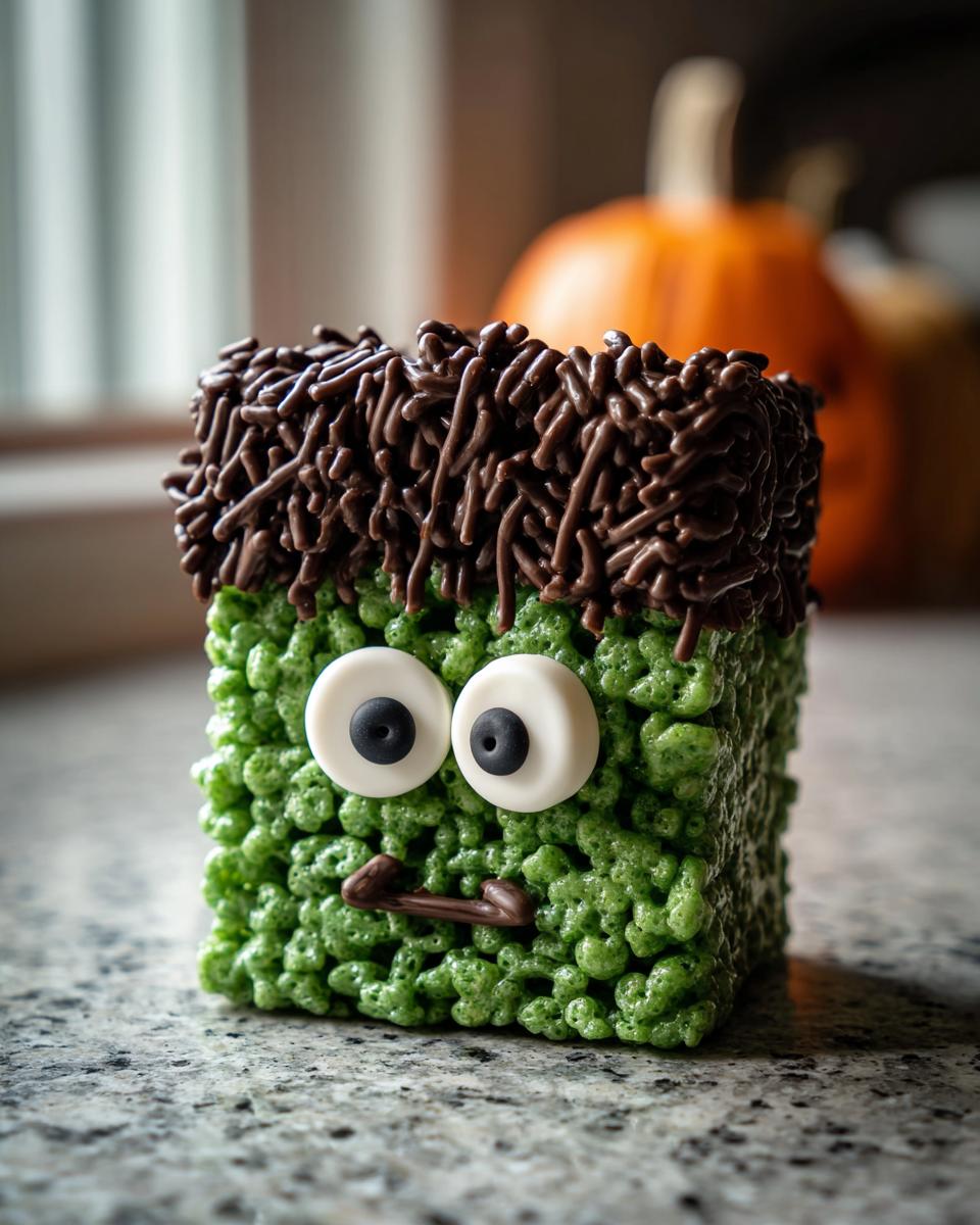 A green Frankenstein Rice Krispie Treat decorated with chocolate sprinkles for hair and candy eyes.