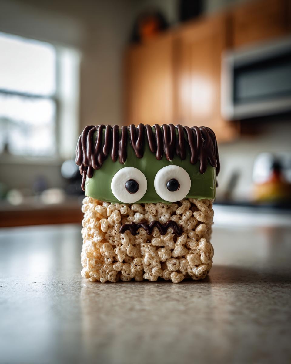A cute Frankenstein Rice Krispie Treat with green icing, candy eyes, and chocolate details.