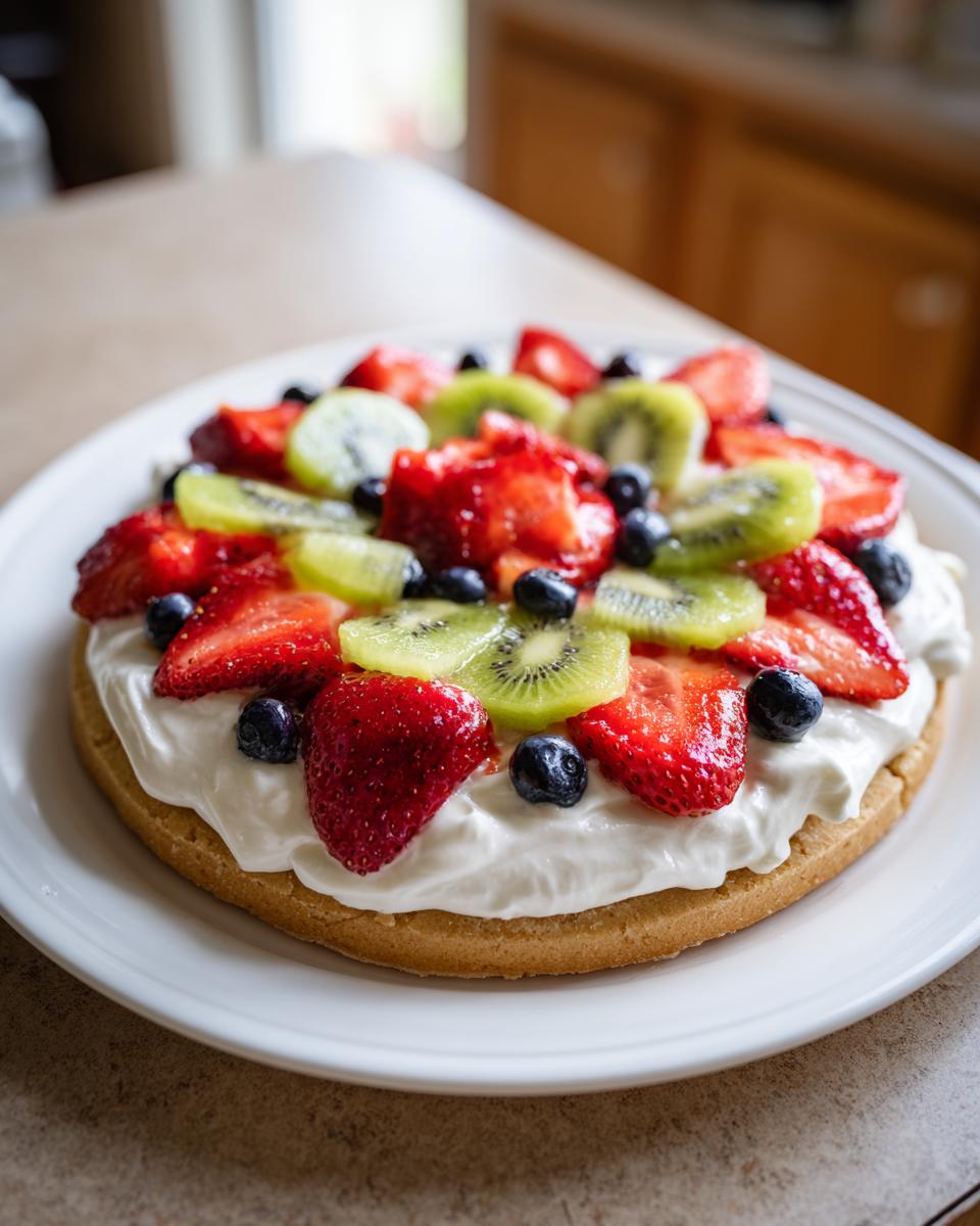 A vibrant fruit pizza sugar cookie topped with whipped cream and fresh strawberries, blueberries, and kiwi slices.