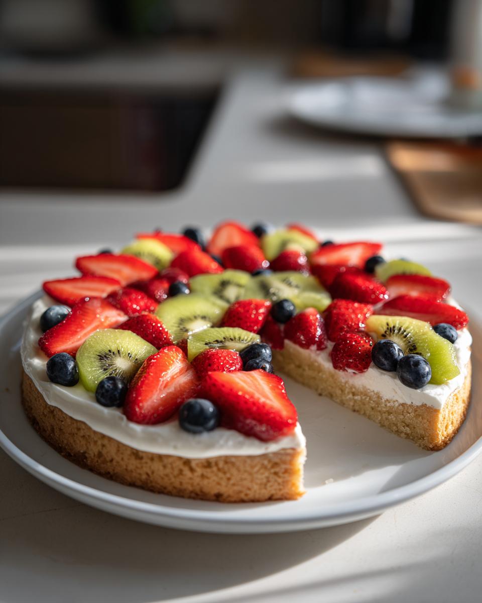 A colorful fruit pizza sugar cookie topped with cream cheese frosting, strawberries, blueberries, and kiwi slices.