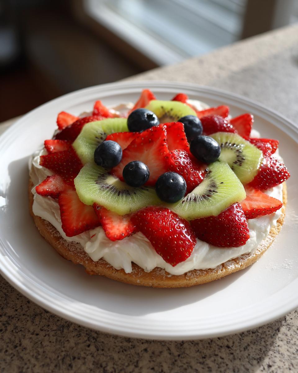 A vibrant fruit pizza sugar cookie topped with cream cheese frosting, strawberries, blueberries, and kiwi slices.