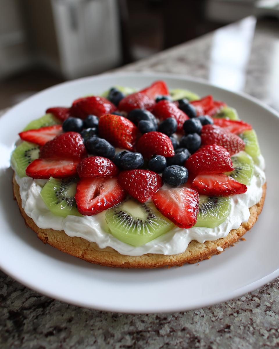 A vibrant fruit pizza sugar cookie topped with cream cheese frosting, strawberries, blueberries, and kiwi slices.