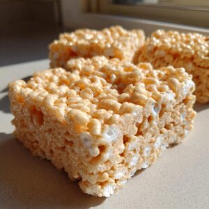 Close-up of a gooey Rice Krispie treat, showing the texture of puffed rice cereal and melted marshmallows.