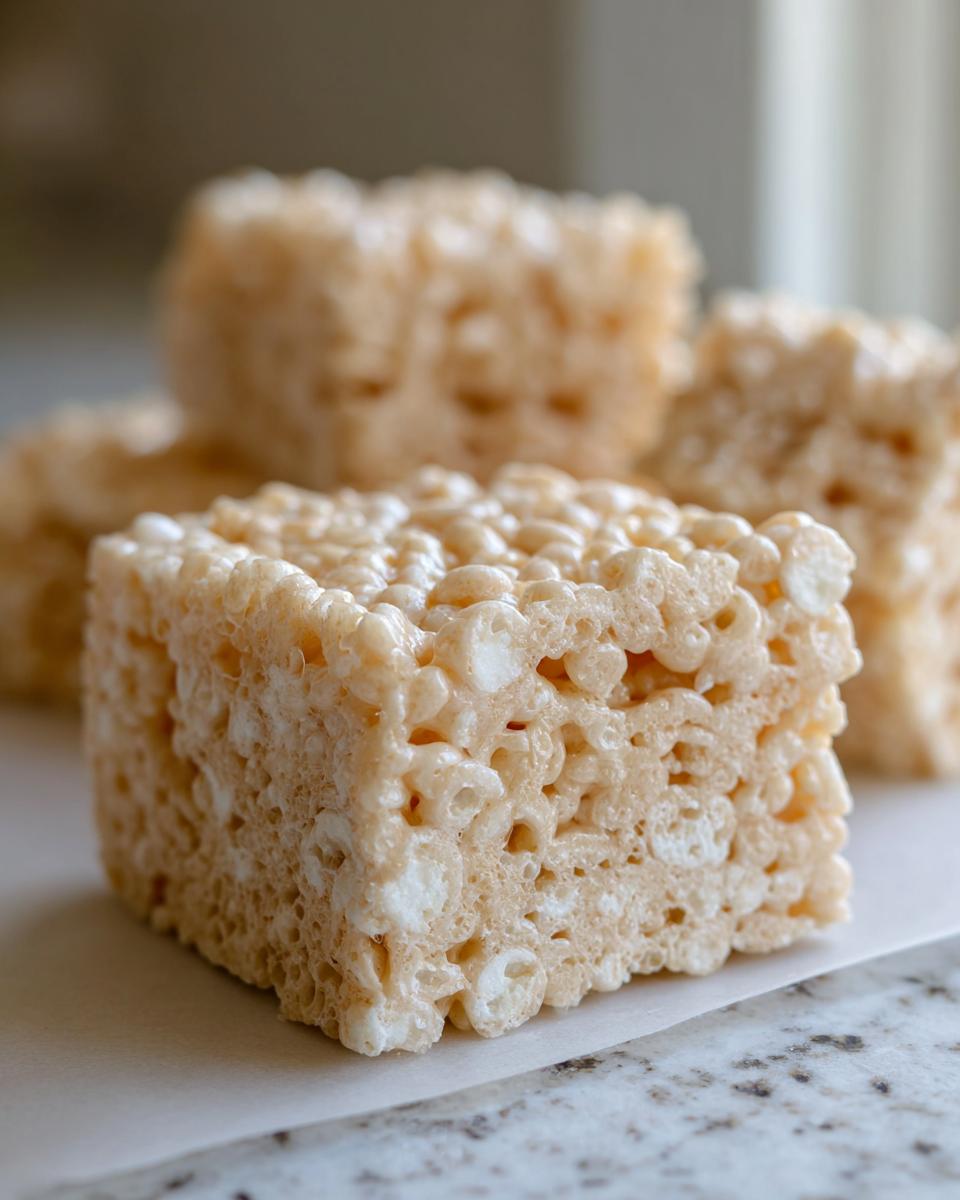 Close-up of a gooey Rice Krispie treat, showing the texture of marshmallows and puffed rice cereal.