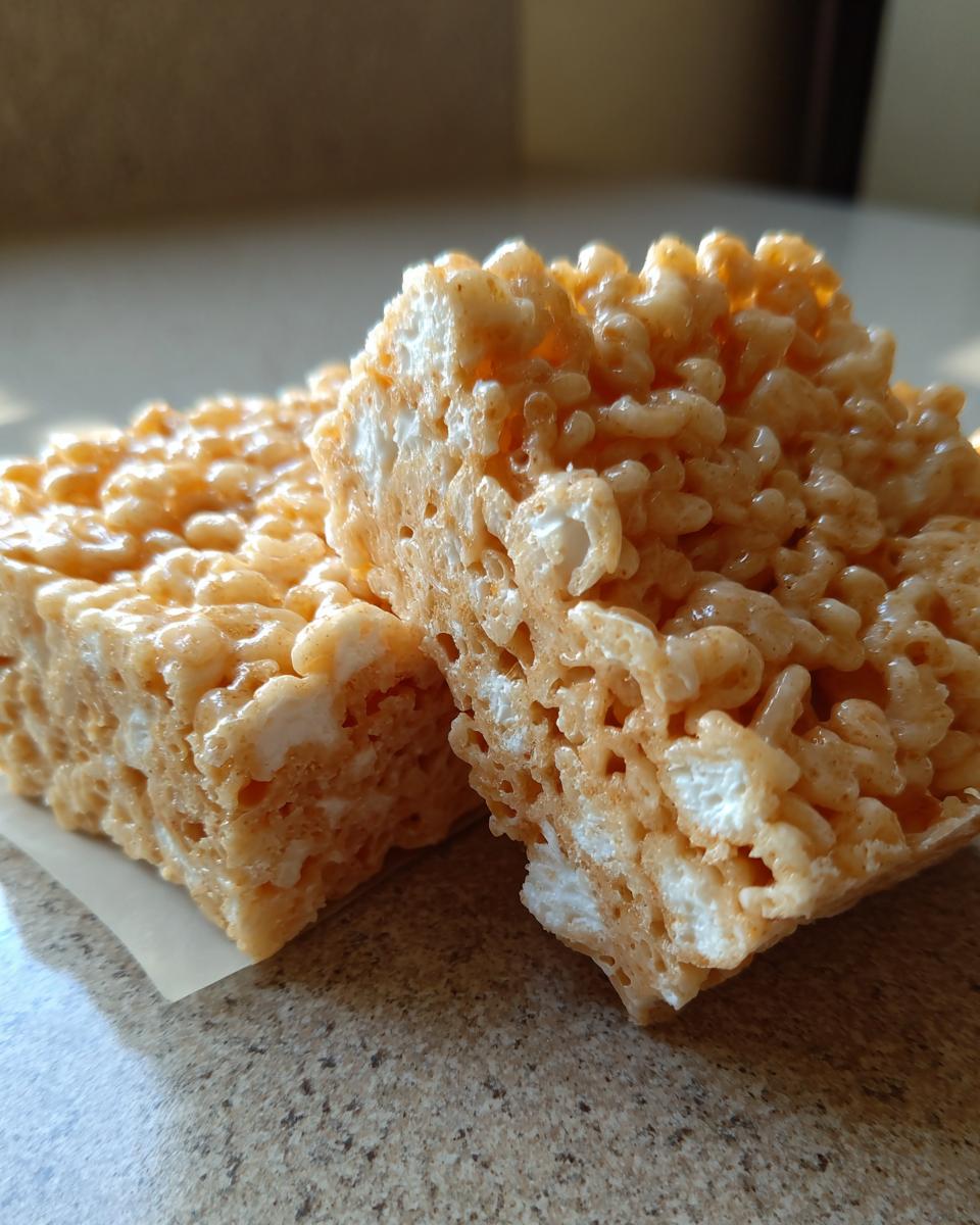 Close-up of two gooey Rice Krispie treats, showing the texture of puffed rice cereal and melted marshmallows.