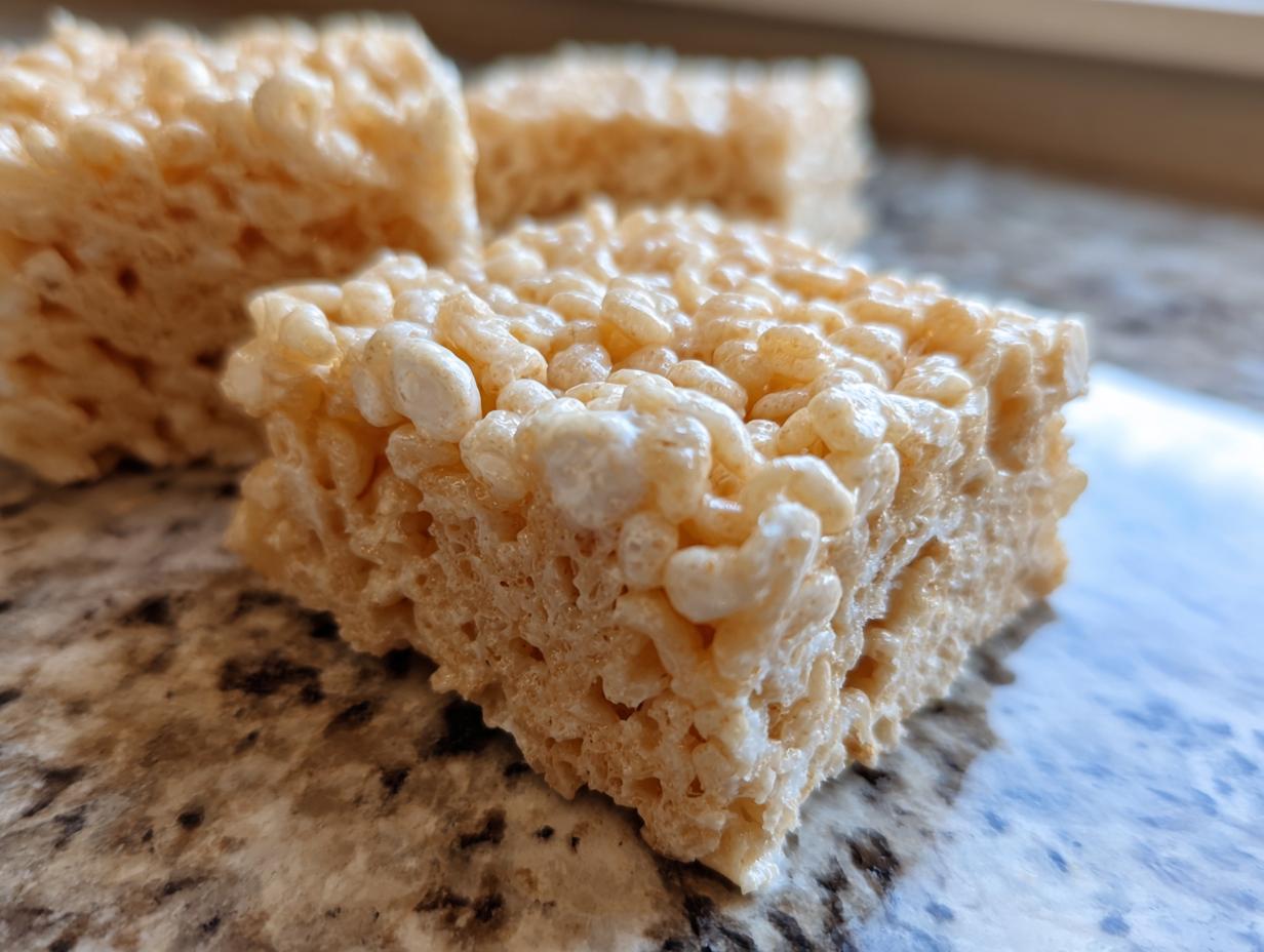 Close-up of gooey Rice Krispie treats squares on a speckled countertop.