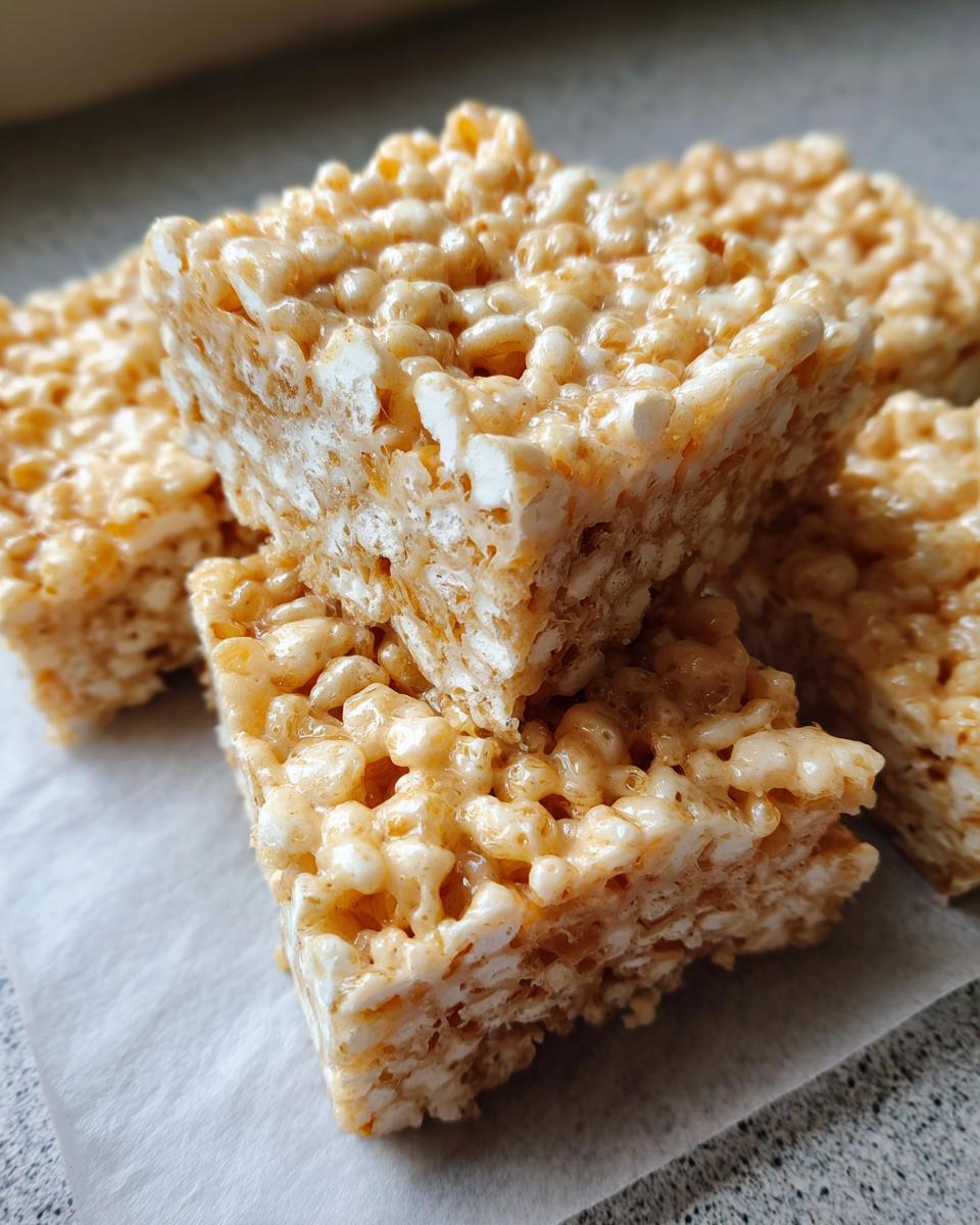 Close-up shot of several gooey Rice Krispie treats stacked on top of each other.