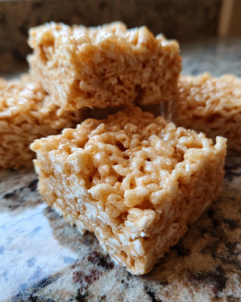A close-up, detailed view of several gooey Rice Krispie treats stacked on a speckled countertop.