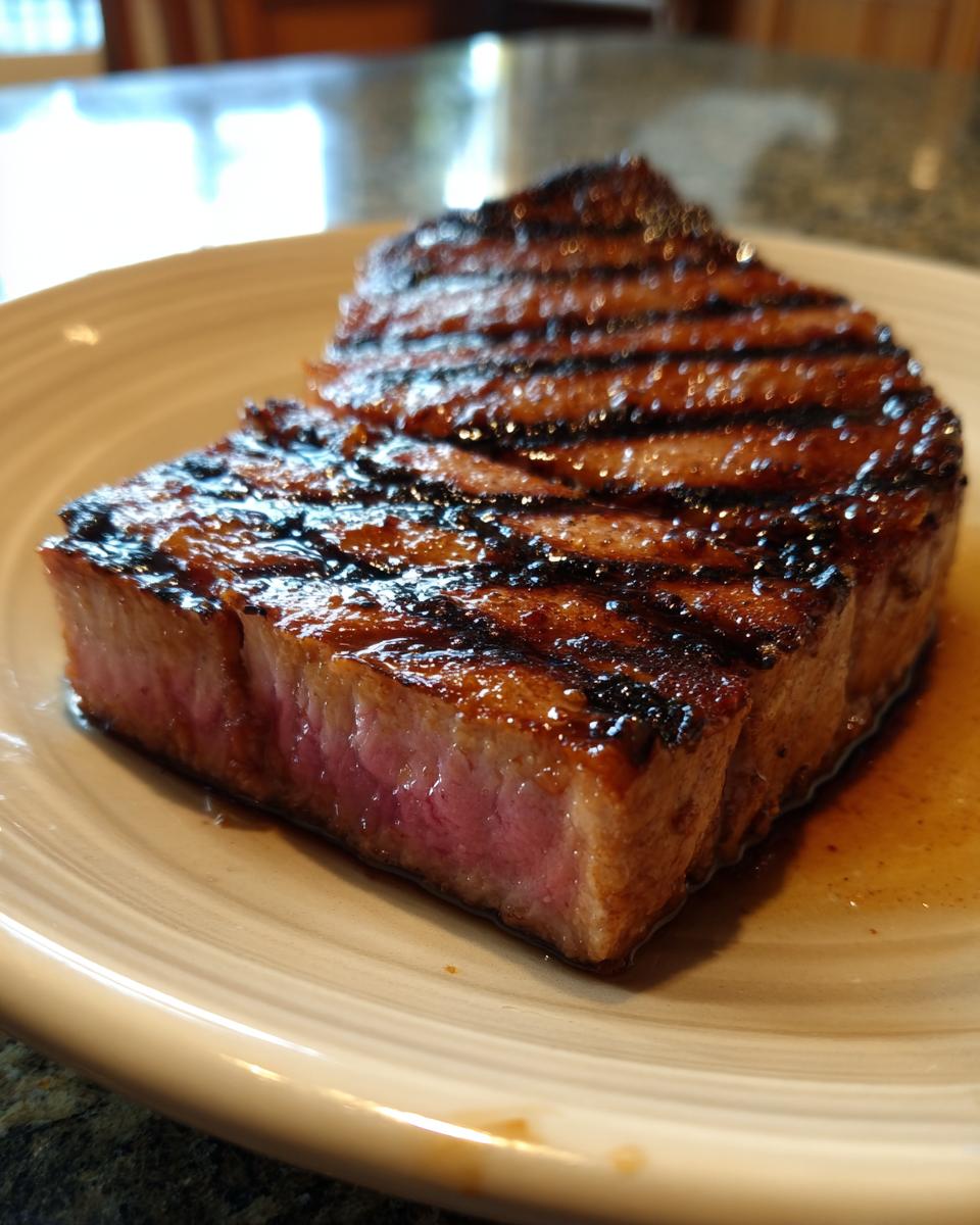 A juicy, grilled tuna steak with beautiful grill marks, showcasing its pink, tender interior.