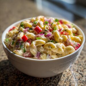 Close-up of a bowl of Guy Fieri macaroni salad, featuring elbow macaroni, red bell peppers, red onion, and green onions in a creamy dressing.