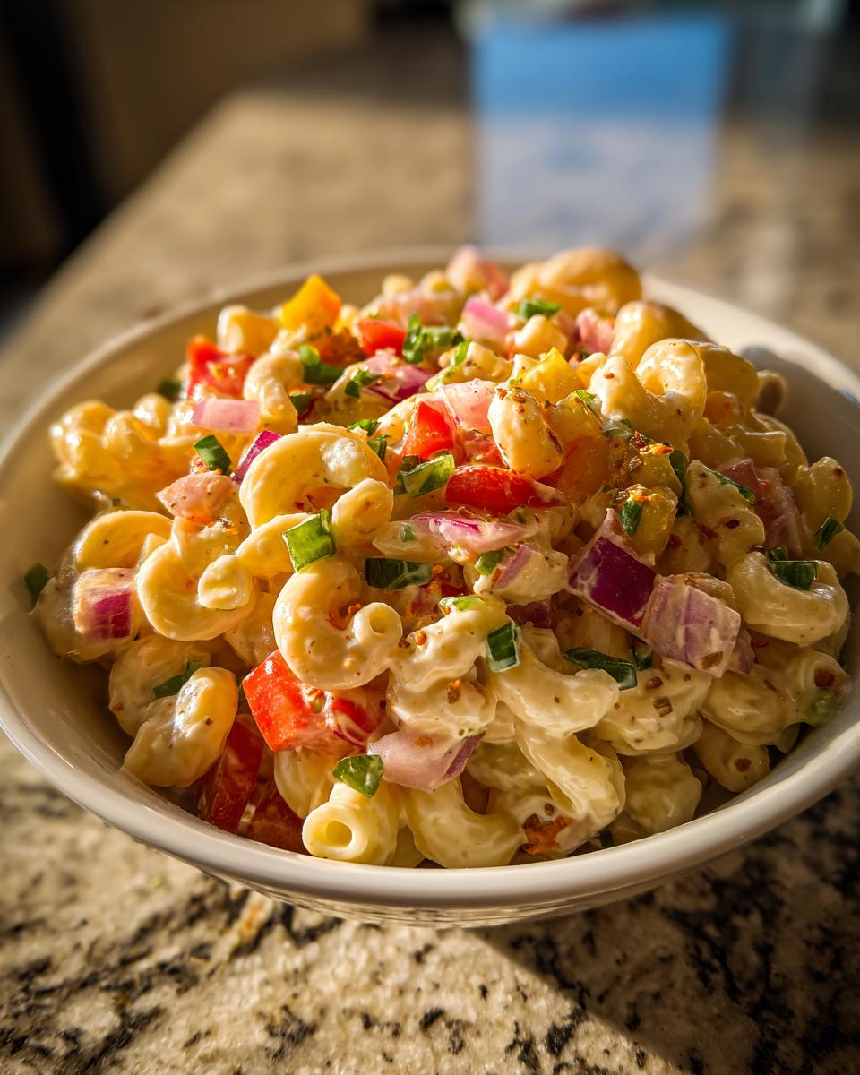 Close-up of a bowl of Guy Fieri macaroni salad, featuring elbow macaroni, red onion, tomatoes, and green onions in a creamy dressing.