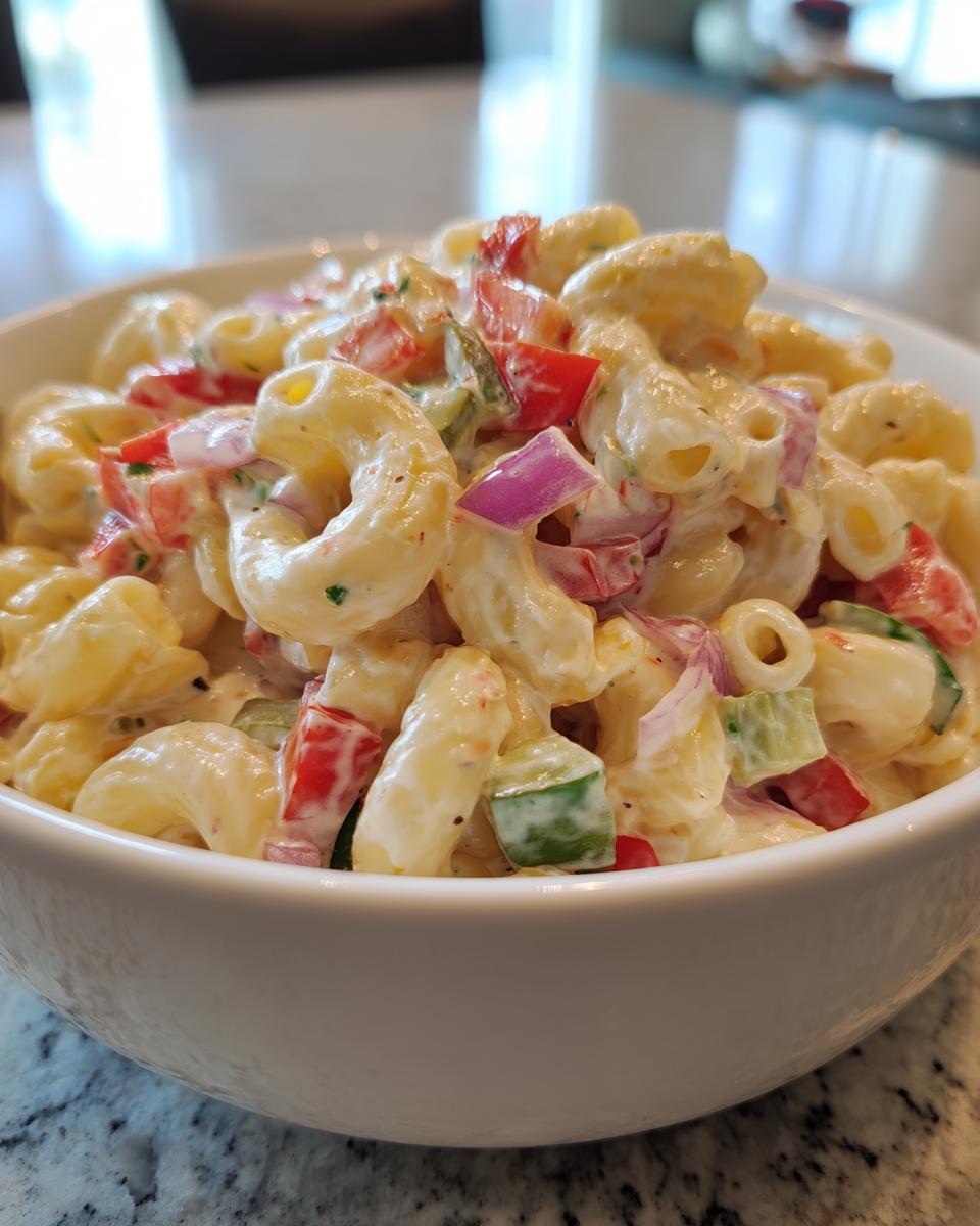 A close-up of Guy Fieri macaroni salad in a white bowl, featuring elbow macaroni, chopped red bell peppers, red onion, and cucumber in a creamy dressing.