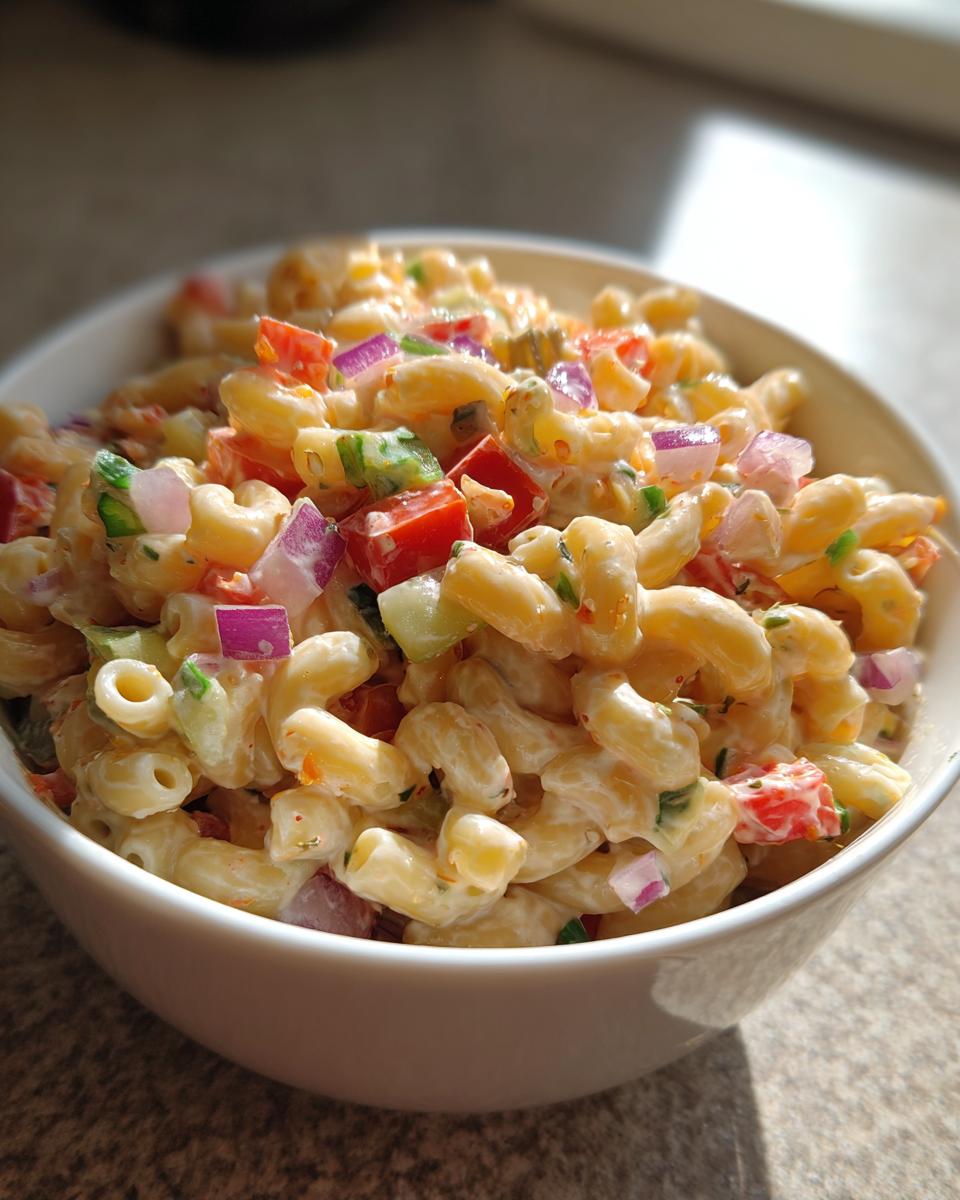 Close-up of a white bowl filled with Guy Fieri macaroni salad, featuring elbow macaroni, chopped tomatoes, red onion, and cucumber in a creamy dressing.